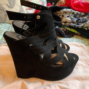 G by Guess Black Strappy Suede Wedges